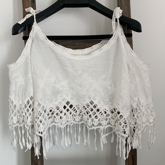 Crochet White Crop Top, Cover Up / Size S - Picture 4 of 12